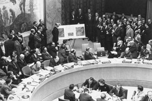 Adlai Stevenson shows aerial photos of Cuban missiles to the United Nations in November 1962.